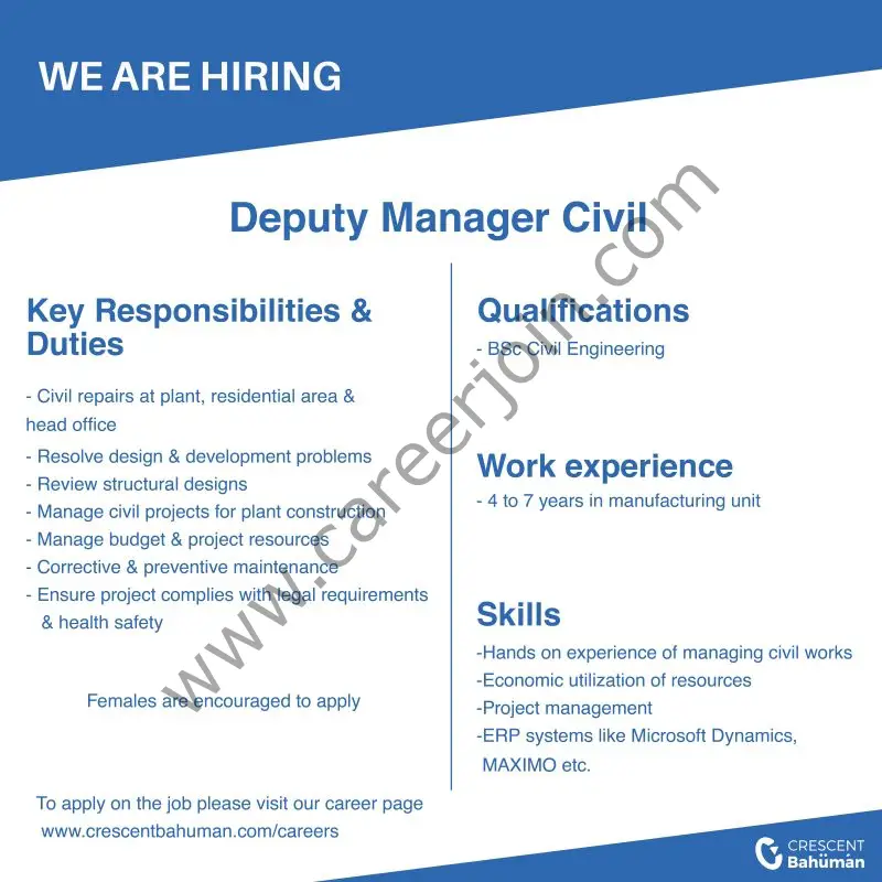 Crescent Bahuman Limited Jobs Deputy Manager Civil 01