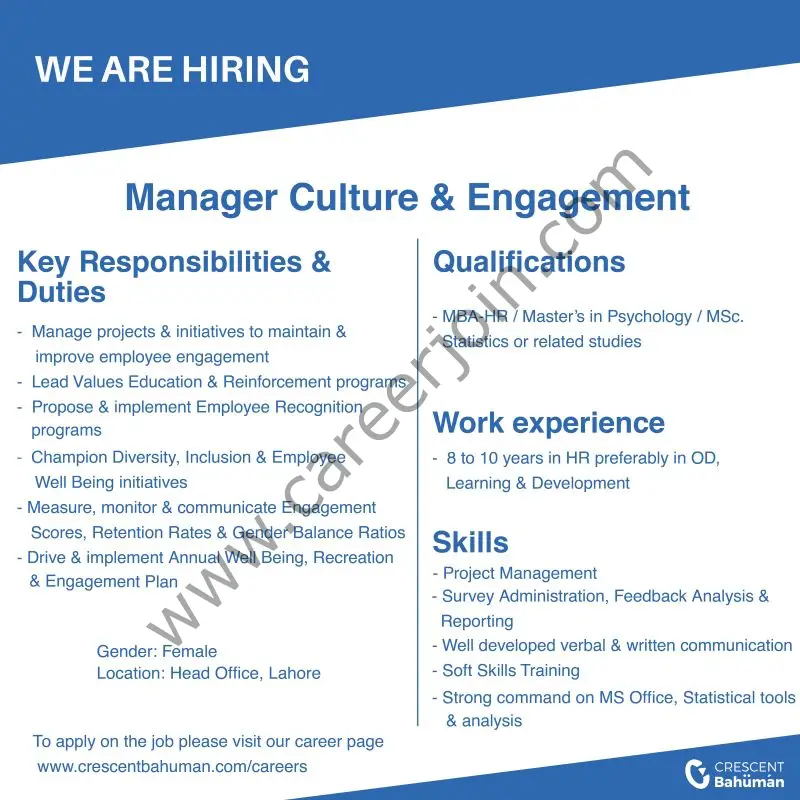 Crescent Bahuman Limited Jobs Manager Culture & Engagement 01