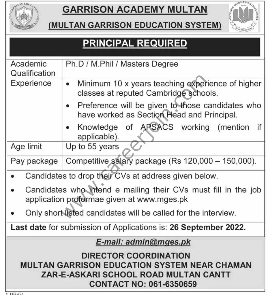Garrison Academy Multan Jobs Principal 01