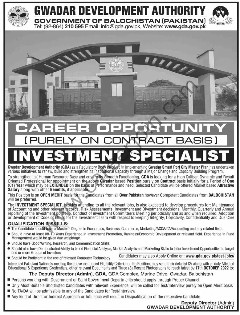 Gwadar Development Authority GDA Jobs Investment Specialist 01