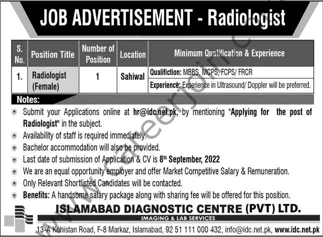 Islamabad Diagnostic Centre Pvt Ltd Jobs Radiologist 01
