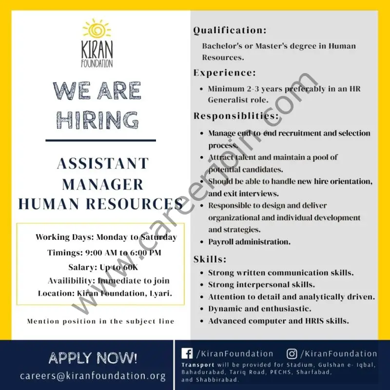 Kiran Foundation Jobs Assistant Manager Human Resources