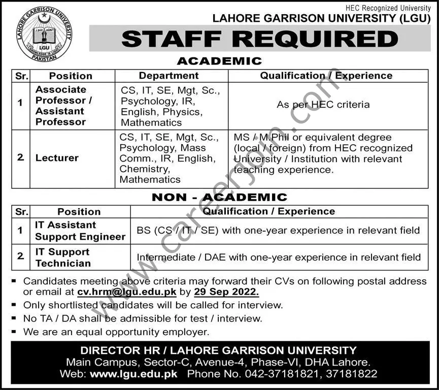 Lahore Garrison University LGU Jobs 25 September 2022 Express 01