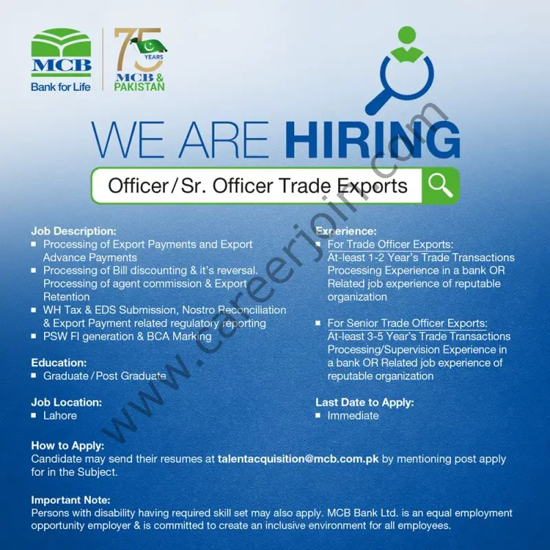 MCB Bank Limited Jobs Officer / Senior Officer Trade Exports 01