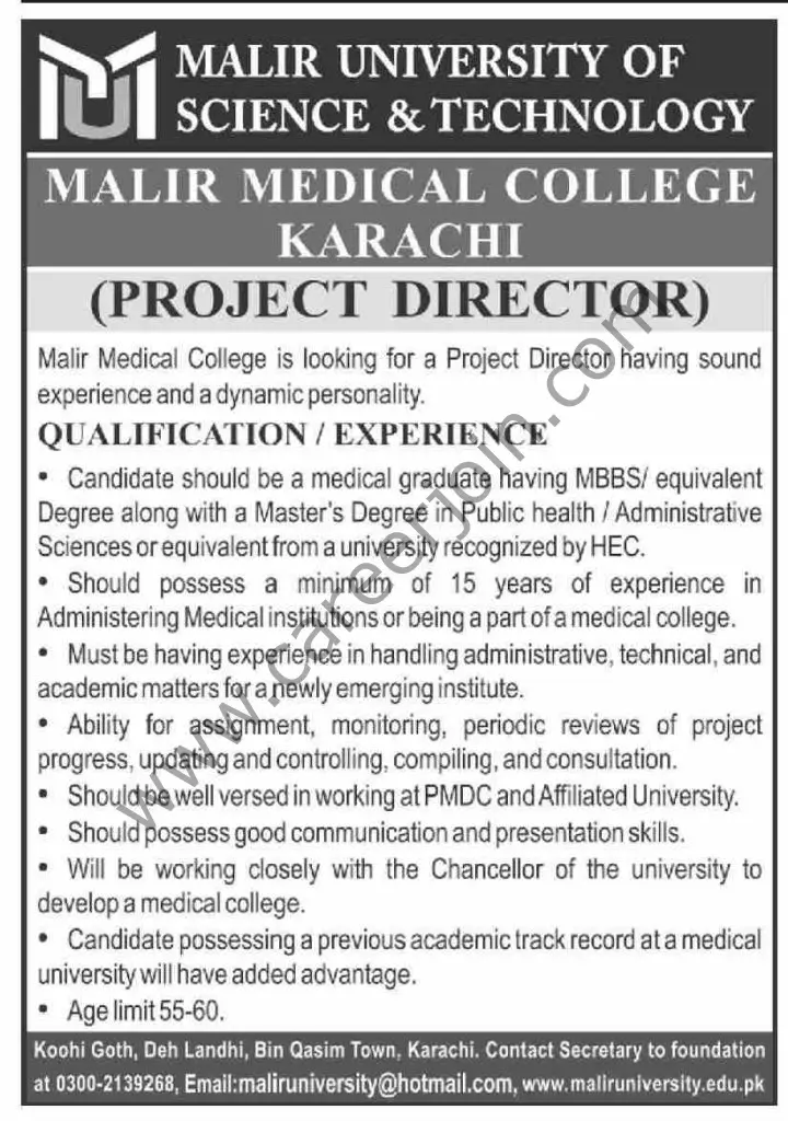 Malir University of Science & Technology Jobs Project Director 01