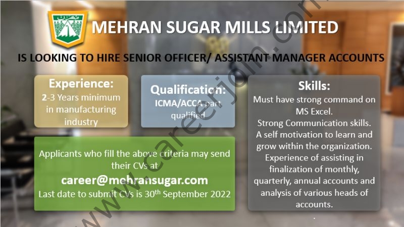 Mehran Sugar Mills Ltd Jobs Senior Officer/ Assistant Manager Accounts 01