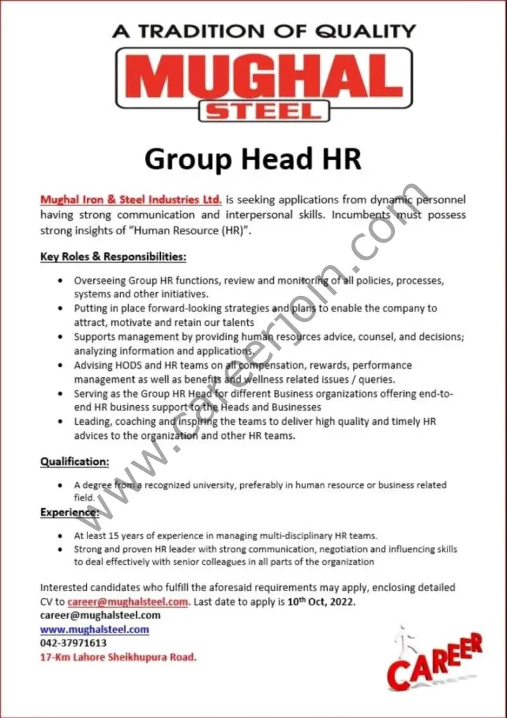 Mughal Iron & Steel Industries Limited MISIL Jobs Group Head HR 01