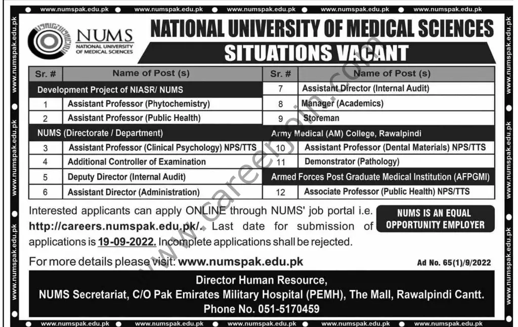 National University of Medical Sciences NUMS Jobs 04 September 2022 Dawn 1