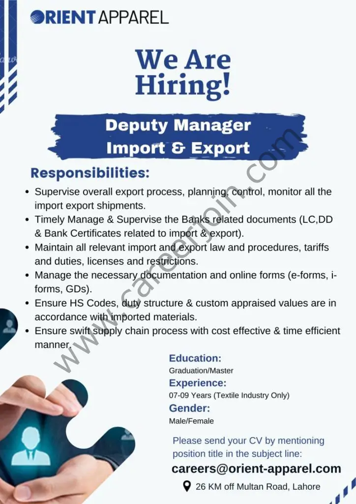 Orient Apparel Pvt Ltd Jobs Deputy Manager Import & Export 01
