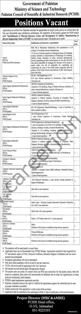 Pakistan Council of Scientific & Industrial Research PCSIR Jobs September 2022 01