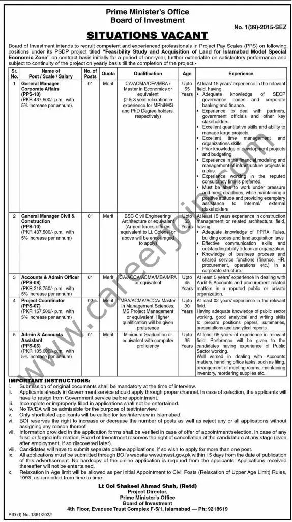 Prime Miniisters Office Board of Investment Jobs 04 September 2022 Express1