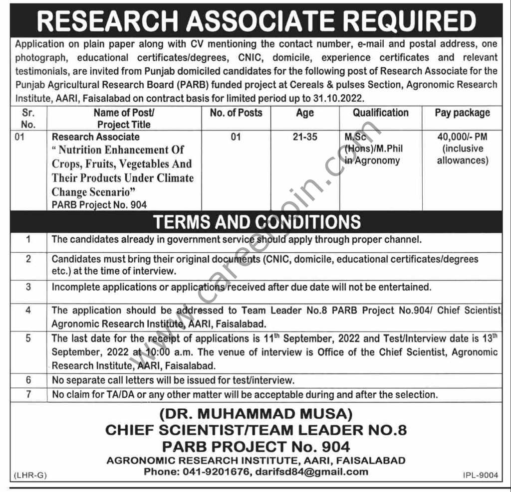 Punjab Agriculture Research Board PARB Jobs 08 September 2022 Dawn 01