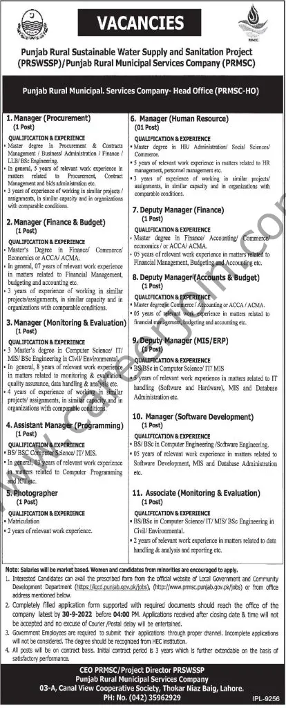 Punjab Rural Municipal Services Company PRMSC Jobs September 2022 01