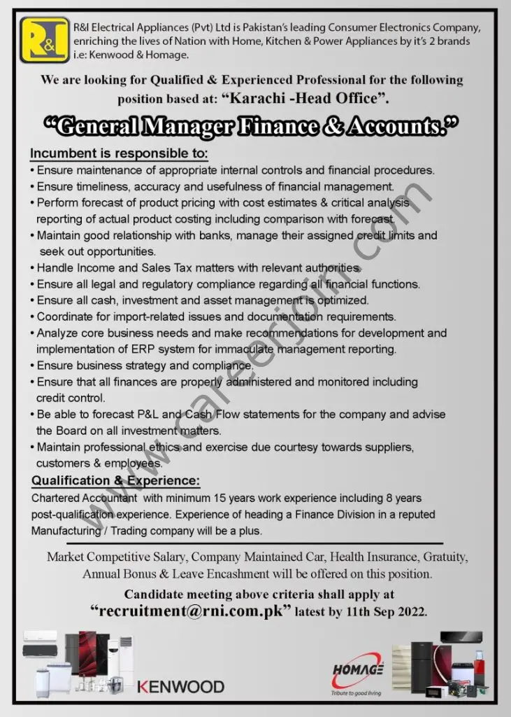 R&I Electrical Appliance Pvt Ltd Jobs General Manager Finance & Accounts 01