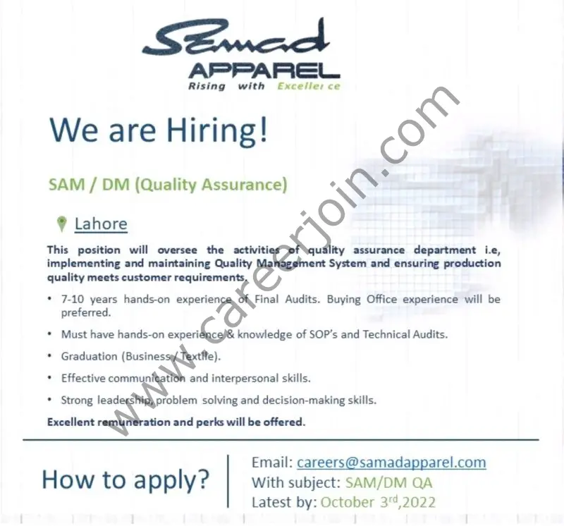 Samad Apparel Pvt Ltd Jobs SAM / DM Quality Assurance 01