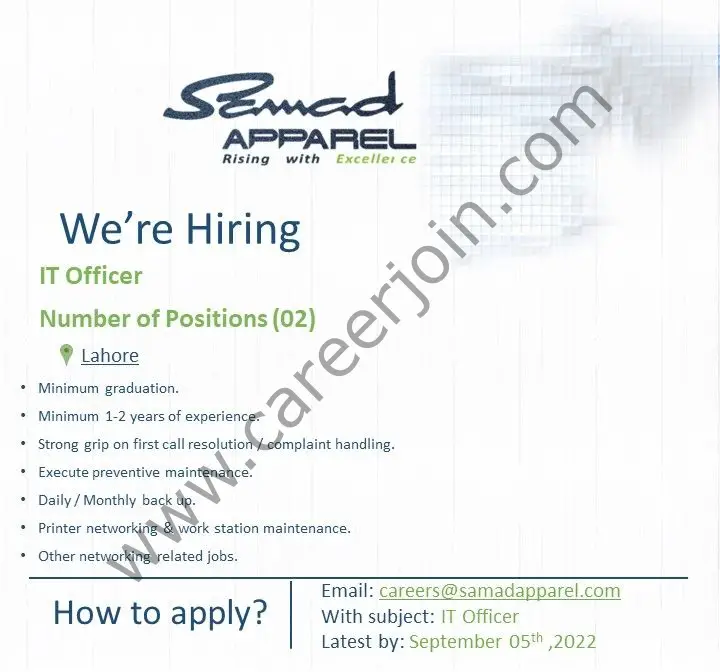 Samad Apparel Pvt Ltd Jobs IT Officer 01