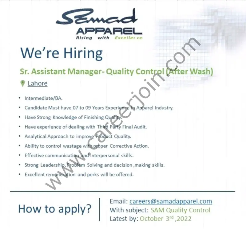 Samad Apparel Pvt Ltd Jobs Senior Assistant Manager Quality Control 01