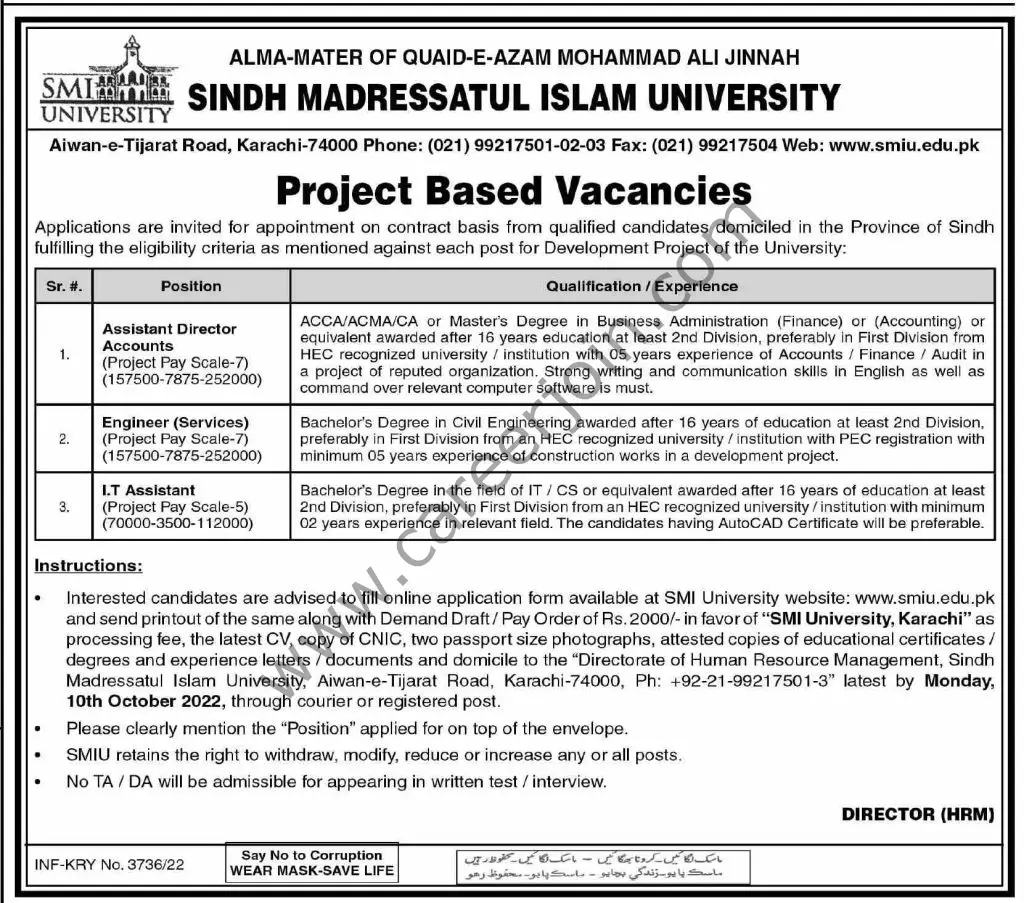 Sindh Madressatul Islam University Jobs 25 September 2022 Dawn 01