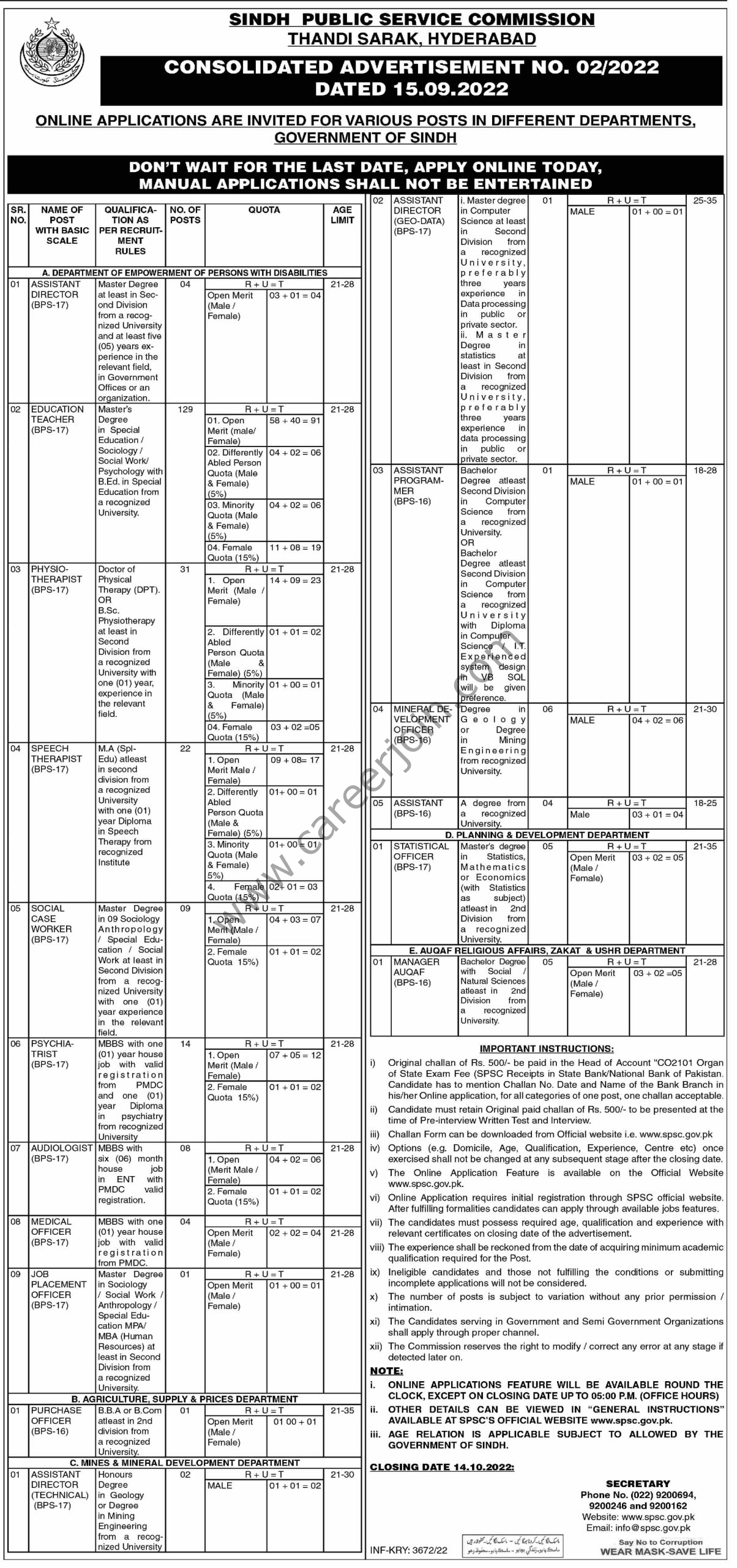 Sindh Public Service Commission SPSC Jobs 18 September 2022 Express Tribune 01