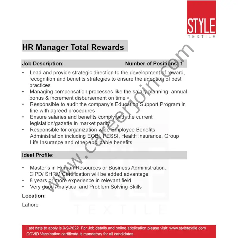 Style Textile Pvt Ltd Jobs HR Manager Total Rewards 01