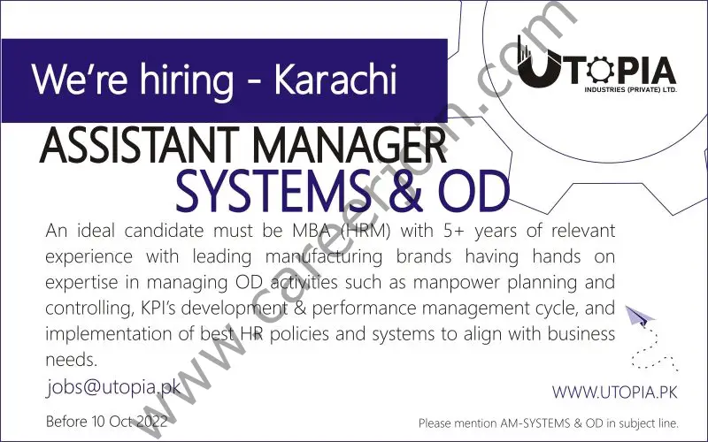 Utopia Industries Pvt Ltd Jobs Assistant Manager Systems & OD 01