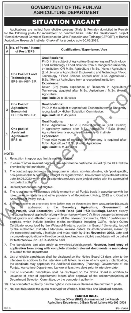 Agriculture Department Punjab Jobs November 2022 1