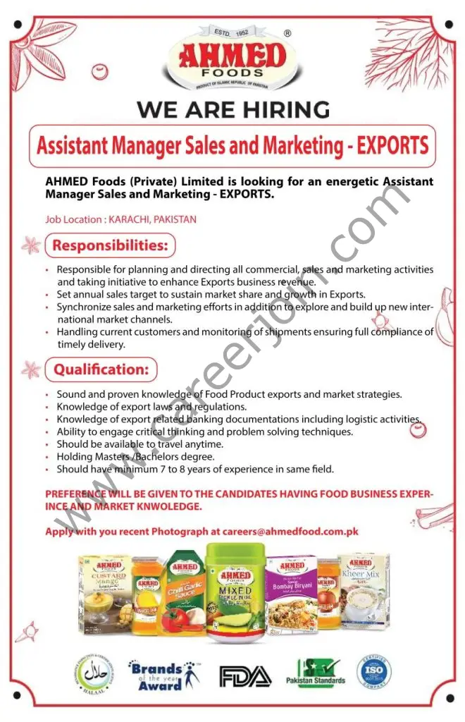 Ahmed Foods Pvt Ltd Jobs Assistant Manager Sales & Marketing Exports 01