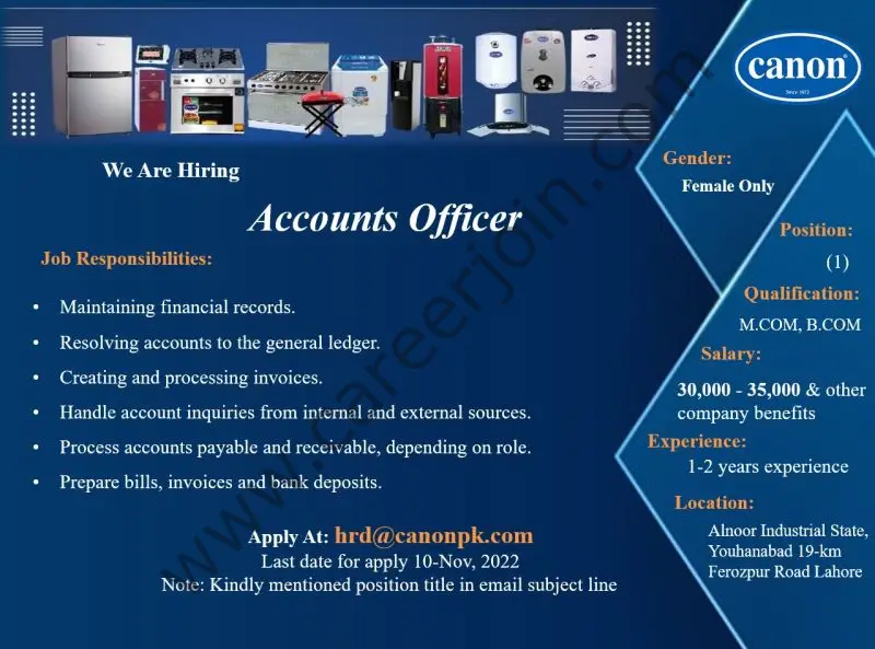 Canon Home Appliances Jobs Accounts Officer 1