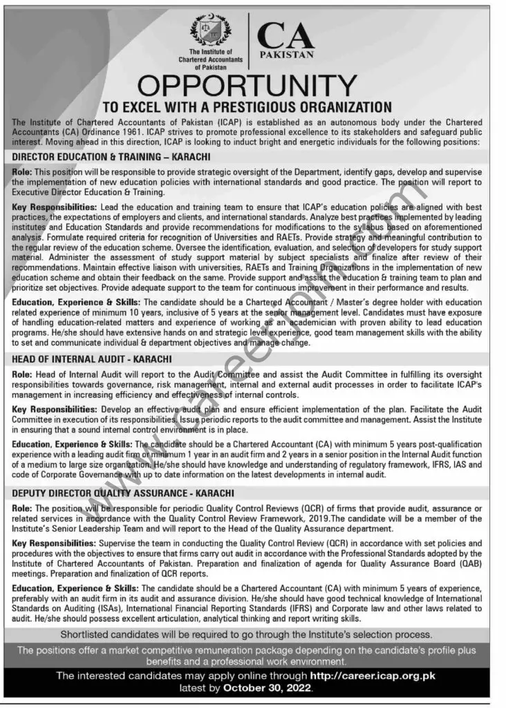 Institute of Chartered Accountants of Pakistan ICAP Jobs October 2022 01