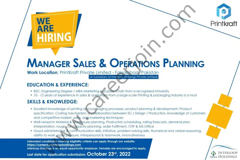 Interloop Holdings Jobs Manager Sales & Operations Planning 01