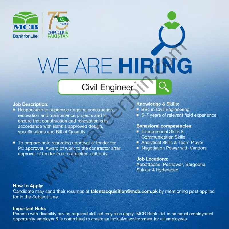 MCB Bank Limited Jobs Civil Engineer 1