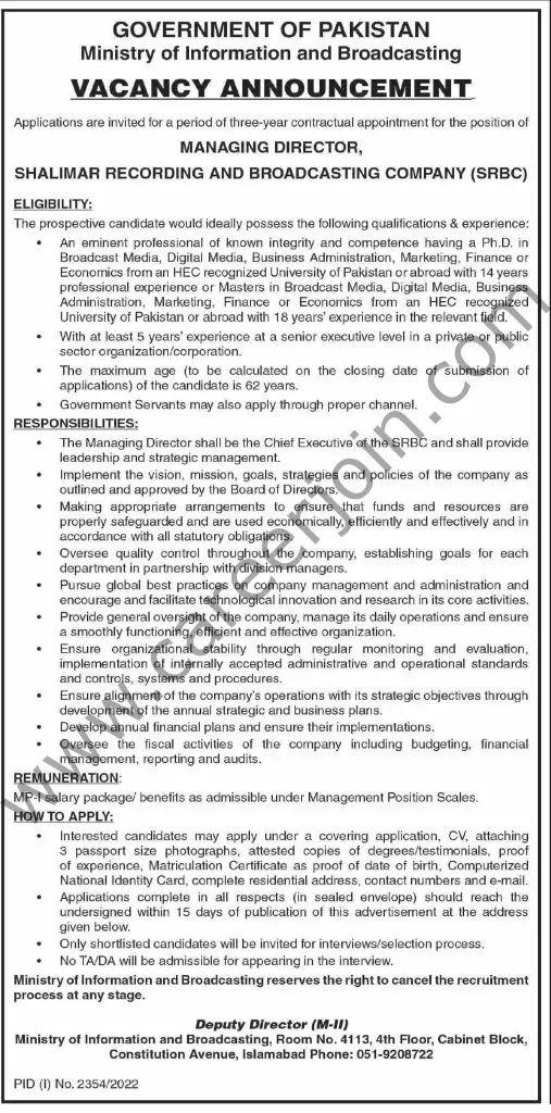 Ministry Of Information & Broadcasting Jobs Managing Director 1
