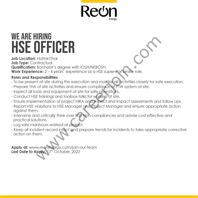 Reon Energy Limited Jobs HSE Officer 1