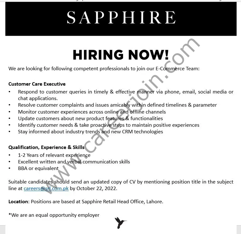 Sapphire Retail Ltd SRL Jobs Customer Care Executive
