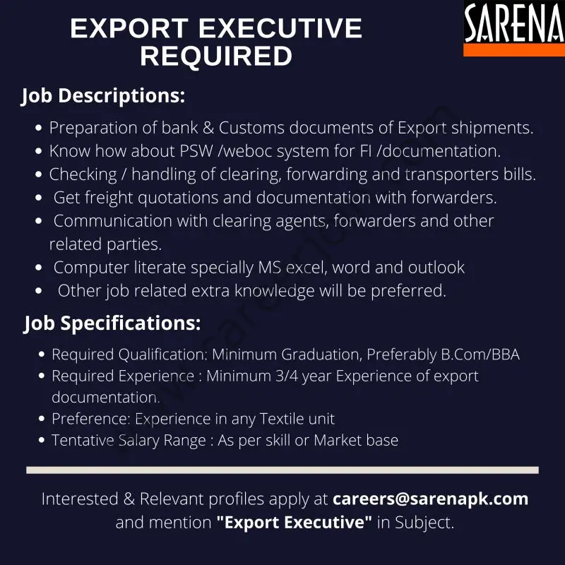 Sarena Textile Industries Limited Jobs Export Executive 10
