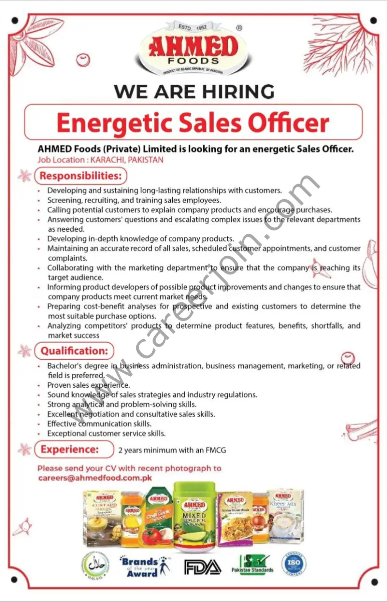 Ahmed Foods Pvt Ltd Jobs Sales Officer 1