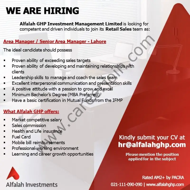 Alfalah GHP Investment Management Limited Jobs Area Manager / Senior Area Manager 1