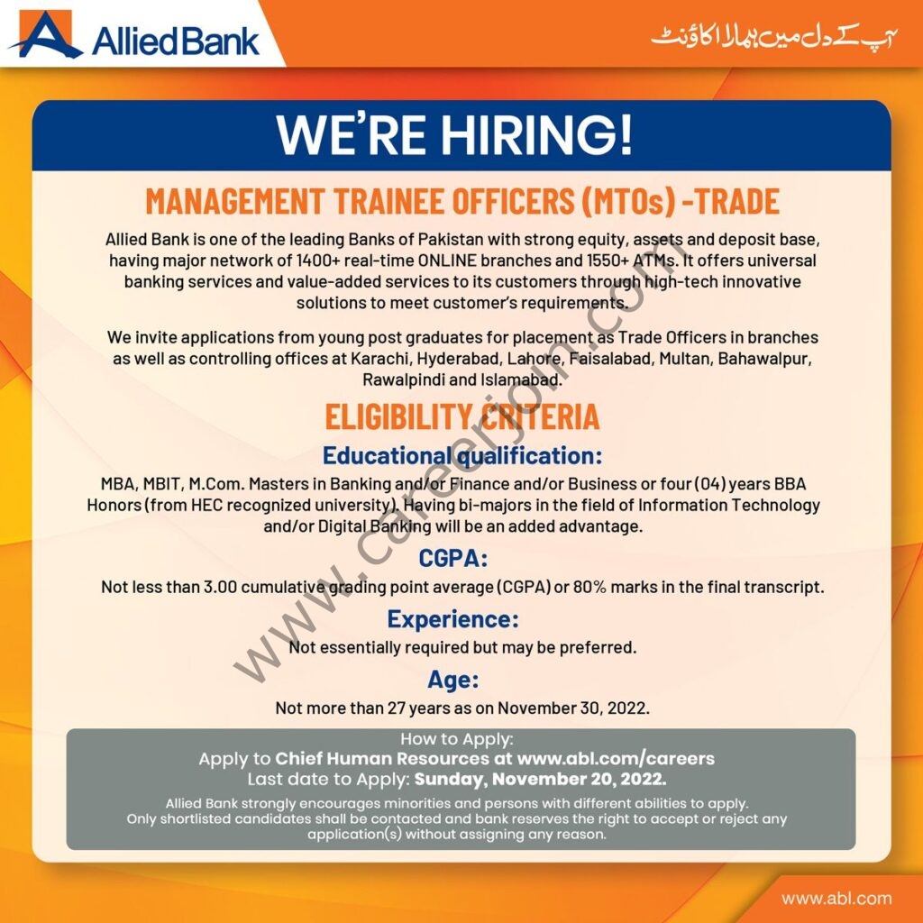 Allied Bank Ltd ABL as Management Trainee Officer (MTO) 08 November 2022 01