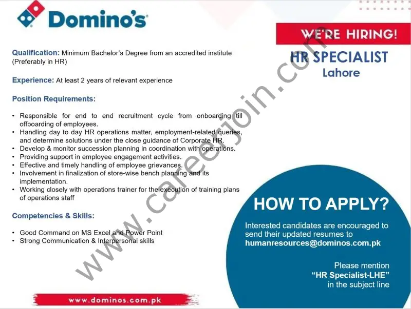 Domino's Pizza Pakistan Jobs HR Specialist 1