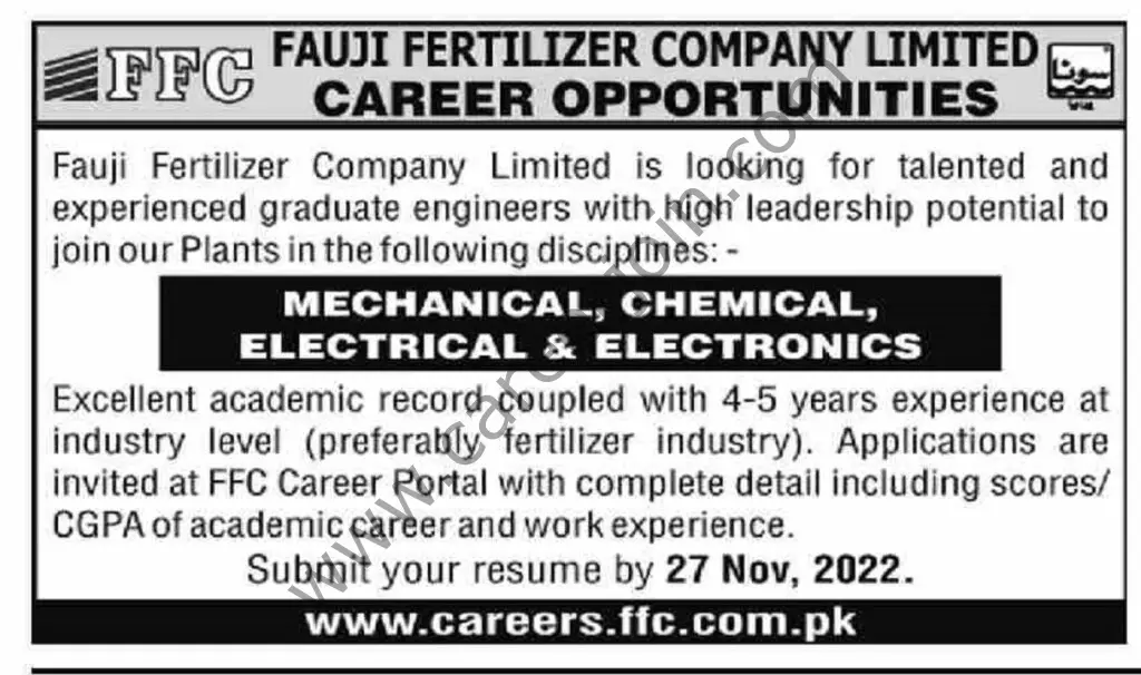 Fauji Fertilizer Co Ltd FFCL Jobs 13 November 2022 Dawn 1