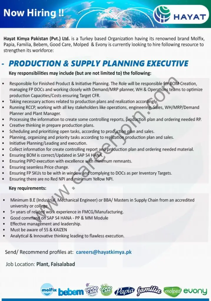 Hayat Kimya Pakistan Pvt Ltd Jobs Production & Supply Planning Executive 1