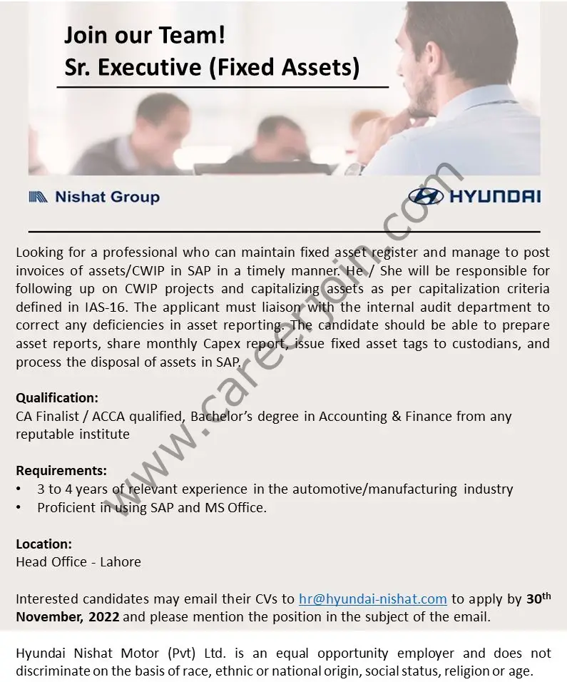Hyundai Nishat Motor Pvt Ltd Jobs Senior Executive Fixed Assets 1