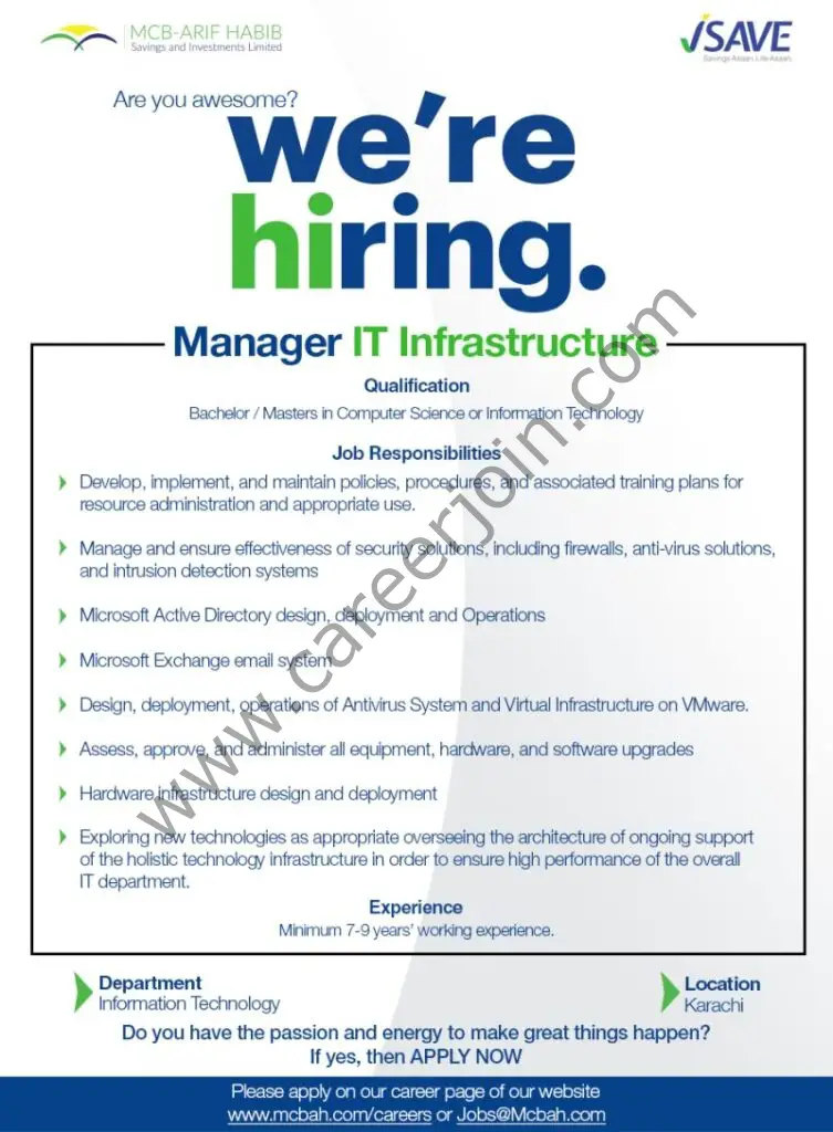 MCB Arif Habib Savings & Investments Jobs Manager IT Infrastructure 1