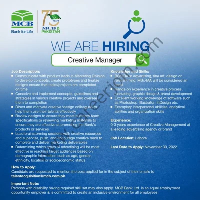 MCB Bank Limited Jobs Creative Manager 1