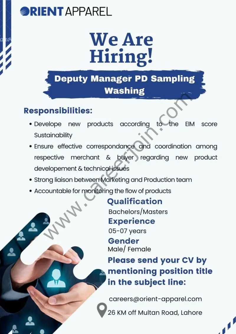 Orient Apparel Pvt Ltd Jobs Deputy Manager PD Sampling Washing 1
