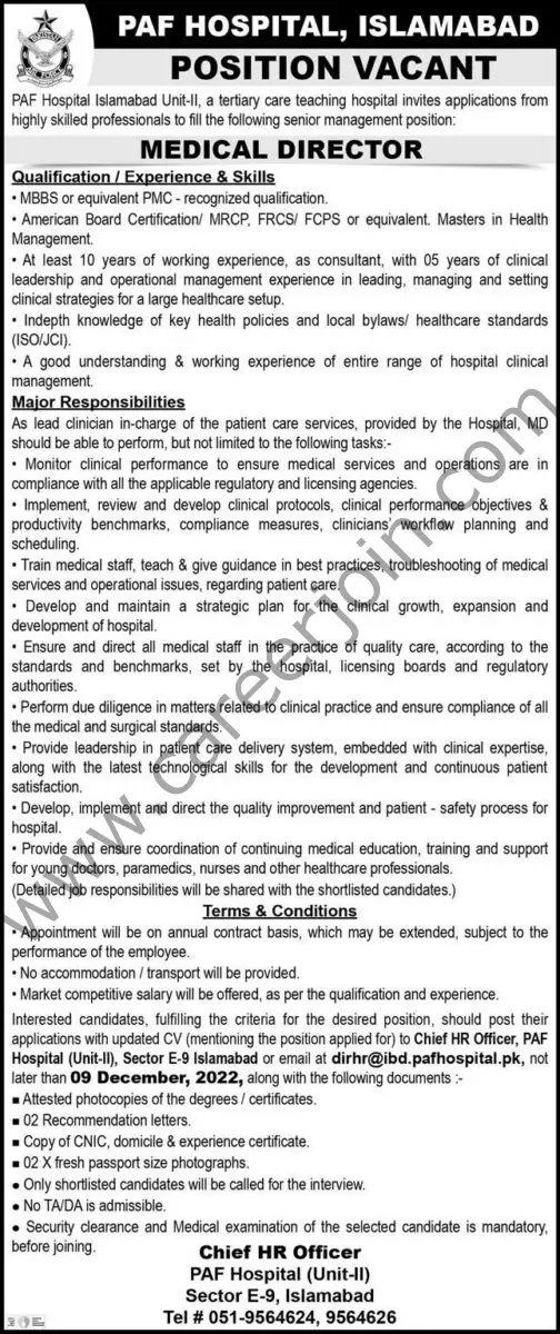 PAF Hospital Islamabad Jobs Medical Director  1
