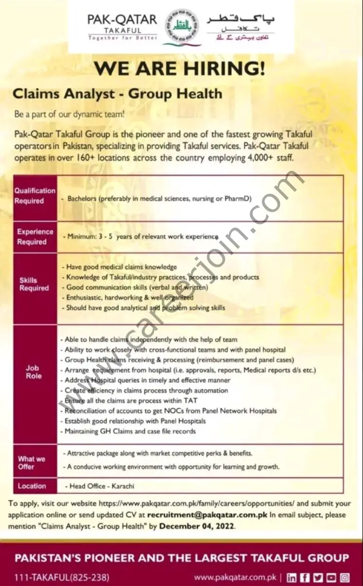 Pak Oatar Takaful Family Pvt Ltd Jobs Claims Analyst 01