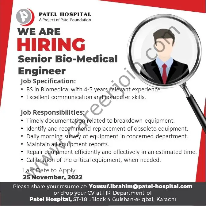 Patel Hospital Jobs Senior Bio-Medical Engineer 1