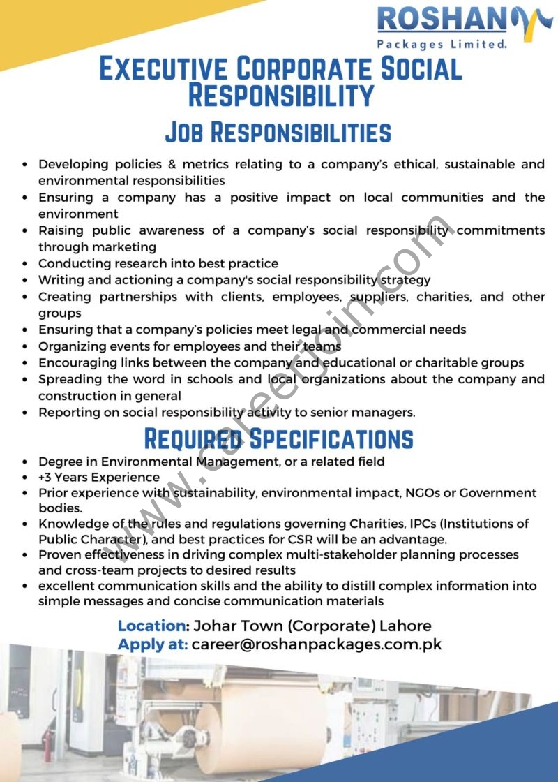 Roshan Packages Limited Jobs Executive Corporate Social Responsibility 1
