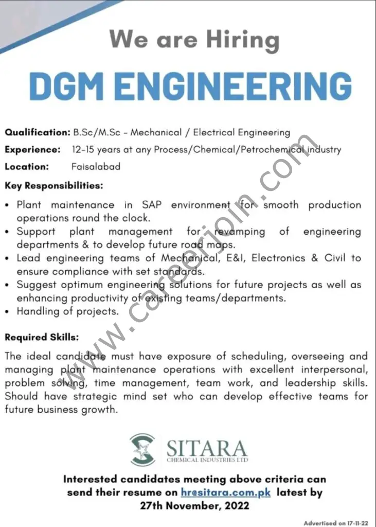 Sitara Chemical Industries Limited Jobs DGM Engineering 1